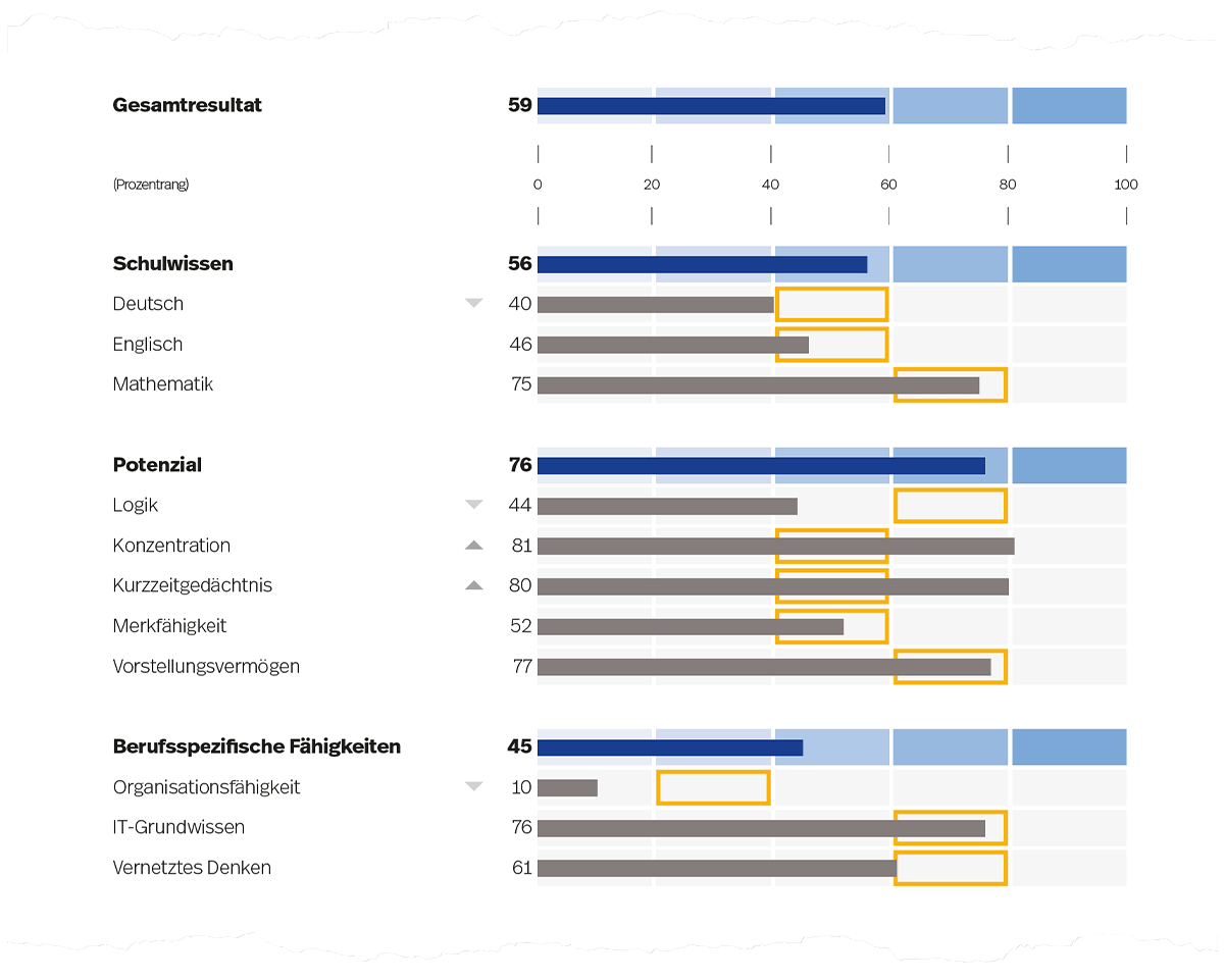 Abbildung 3. Prozentrangwerte für die Fach- und Methodenkompetenzen (blaue Balken) und deren Gebiete (graue Balken) auf Seite 1 der Auswertung (es sind beispielhaft die Anforderungslevels für den Beruf Detailhandelsfachmann/-frau EFZ dargestellt).