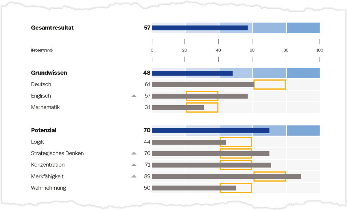 Prozentrangwerte für das Grundwissen, Potenzial und die Berufsspezifischen Fähigkeiten (blau) und deren Gebiete (grau) auf Seite 1 der Auswertung