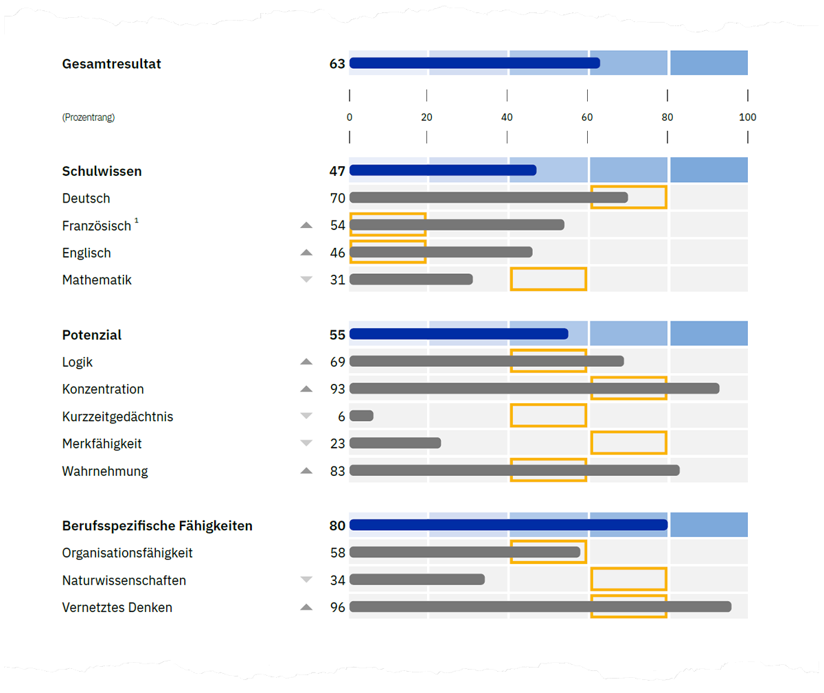 Abbildung 3. Prozentrangwerte für Fähigkeitsbereiche (dunkelblaue Balken) und deren Gebiete (graue Balken) auf Seite 1 der Auswertung (es sind beispielhaft die Anforderungslevels für den Beruf Fachmann/-frau Gesundheit EFZ dargestellt).