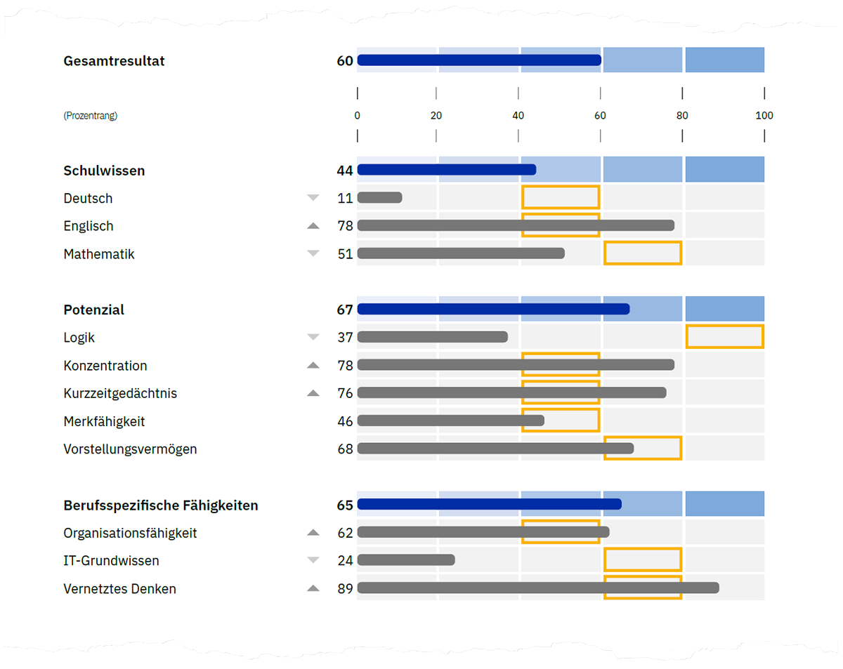 Abbildung 3. Prozentrangwerte für Fähigkeitsbereiche (dunkelblaue Balken) und deren Gebiete (graue Balken) auf Seite 1 der Auswertung (es sind beispielhaft die Anforderungslevels für den Beruf Informatiker/in EFZ Applikationsentwicklung dargestellt).