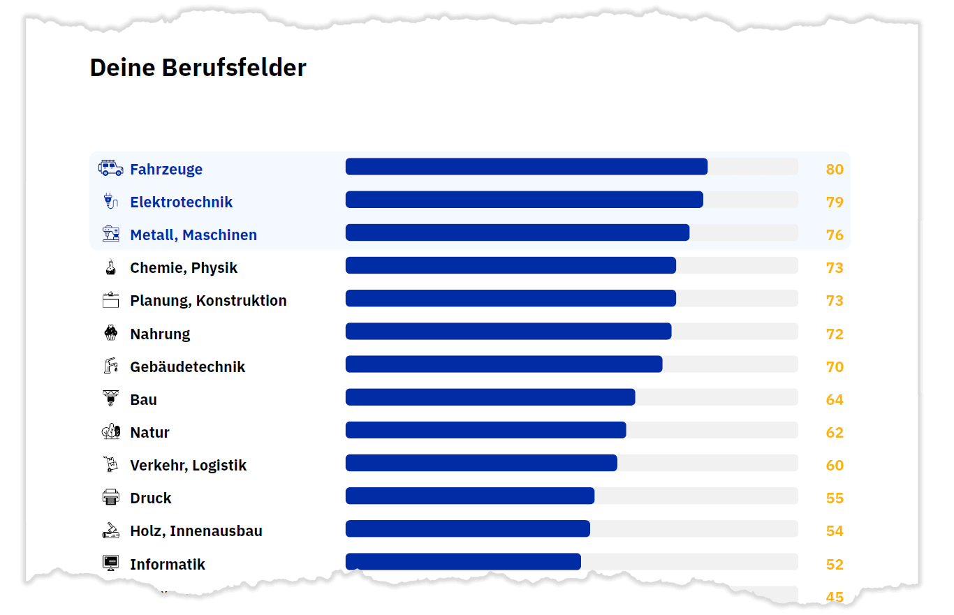 Ausschnitt aus der Ergebnisrückmeldung zum Matching zwischen individuellem RIASEC-Profil und den Anforderungsprofilen der Berufsfelder